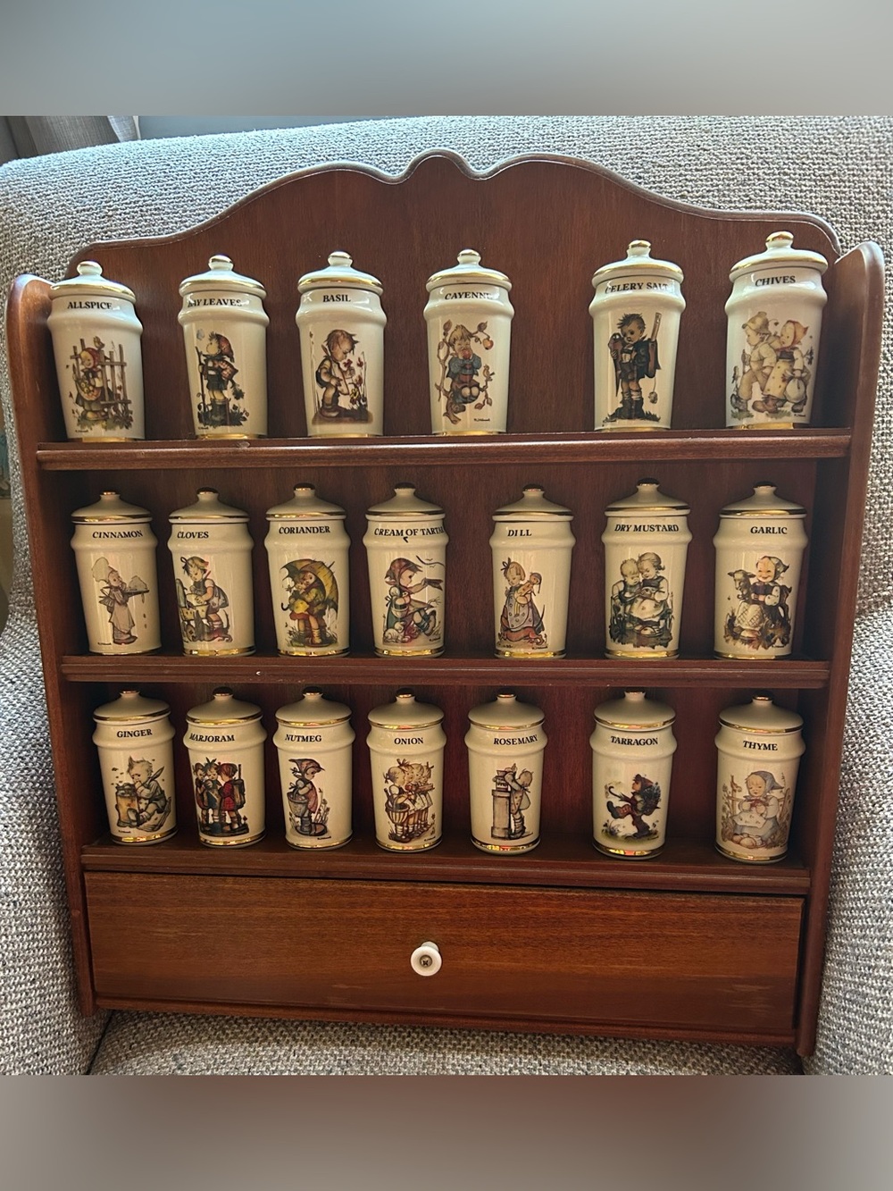 Vintage Danbury Mint M.J.Hummel Porcelain Spice Jars Set  with Wooden Wall Rack